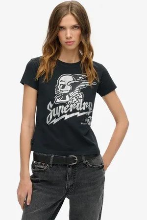 Superdry Vrouwen T-shirt met Versierde Posterprint en Aansluitende Pasvorm Grootte: 42