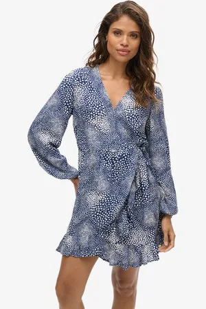 Superdry Vrouwen Bedrukte Wikkelmini-jurk met Lange Mouwen Grootte: 38
