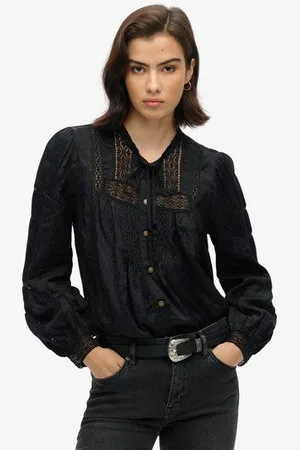 Superdry Vrouwen Geweven Blouse met Kant en Lange Mouwen Grootte: 40
