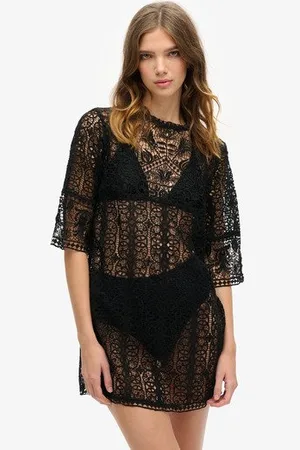 Superdry Vrouwen Beach Cover Up Mini-jurk met Kanten Details Grootte: 14-16