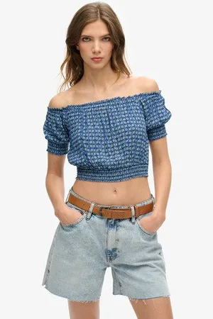 Superdry Vrouwen Korte top met Korte Mouwen en Smokwerk Grootte: 42