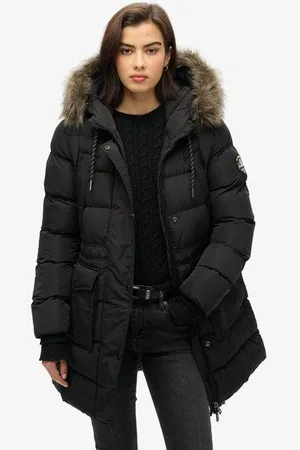 Superdry Vrouwen Everest Halflange Pufferjas van Imitatiebont Grootte: 36