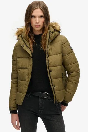 Superdry Vrouwen Kort Pufferjack met Capuchon met Imitatiebont Grootte: 40
