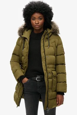 Superdry Vrouwen Everest Halflange Pufferjas van Imitatiebont Grootte: 40