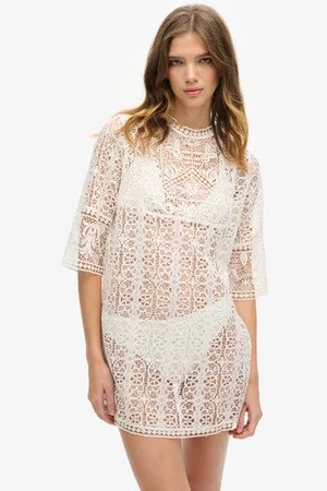 Superdry Vrouwen Beach Cover Up Mini-jurk met Kanten Details Grootte: 10-12
