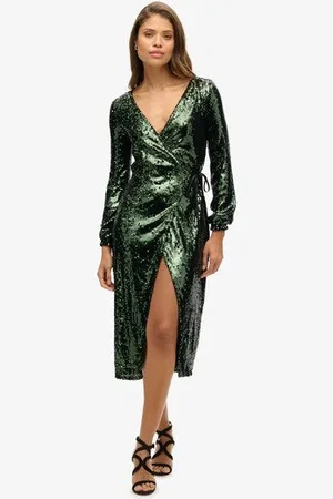 Superdry Vrouwen Maxi Wikkeljurk met Lovertjes Grootte: 42