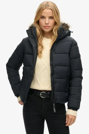 Superdry Vrouwen Kort Pufferjack met Capuchon met Imitatiebont Grootte: 44