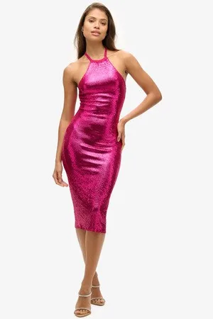 Superdry Vrouwen Midi-jurk met Lovertjes en Halternek Grootte: 38