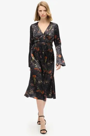 Superdry Vrouwen Jacquard Midi-jurk met Wijduitlopende Mouwen Grootte: 40