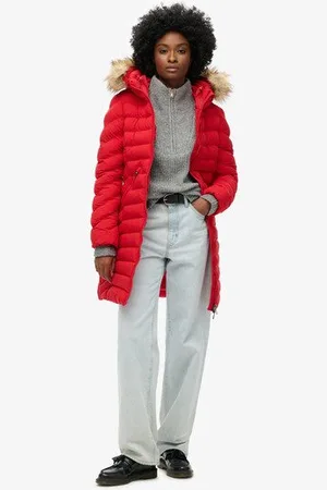 Superdry Vrouwen Halflange Fuji-pufferjas met Capuchon met Imitatiebont Grootte: 44