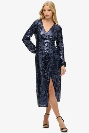 Superdry Vrouwen Maxi Wikkeljurk met Lovertjes Grootte: 44