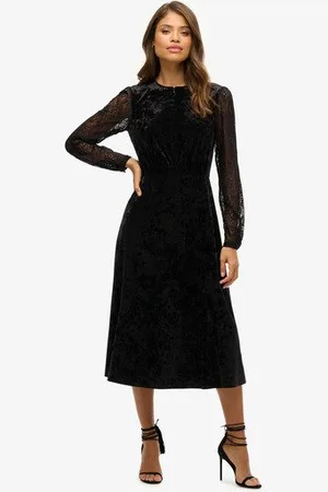 Superdry Vrouwen Fluwelen Midi-jurk met Kanten Mouwen Grootte: 44