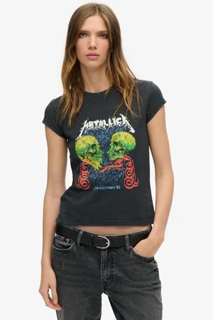 Superdry Vrouwen Metallica x T-shirt met Kapmouwen Grootte: 42