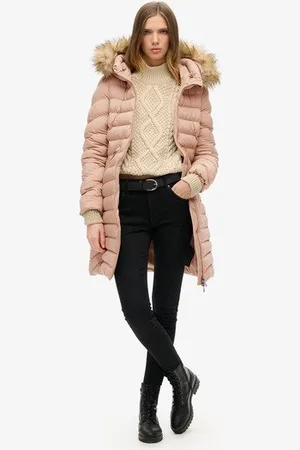 Superdry Vrouwen Halflange Fuji-pufferjas met Capuchon met Imitatiebont Grootte: 36