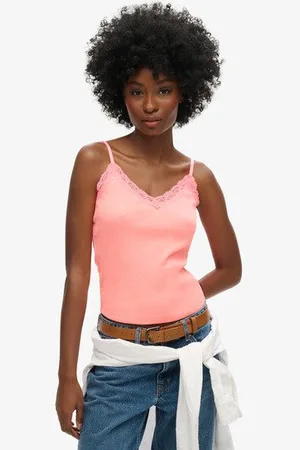 Superdry Vrouwen Essential Geribd Camitopje van Biologisch Katoen met Kant Grootte: XS/S