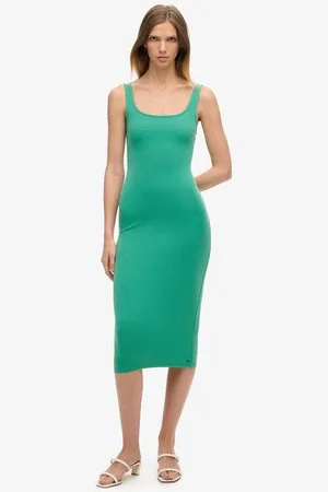 Superdry Vrouwen Jersey Midi-jurk met Vierkante Hals Grootte: 36