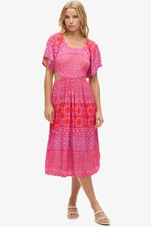 Superdry Vrouwen Midi-jurk met Print en Uitsnijding Grootte: 38