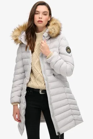 Superdry Vrouwen Halflange Fuji-pufferjas met Capuchon met Imitatiebont Grootte: 42