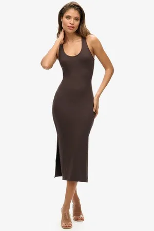 Superdry Vrouwen Jersey Midi-jurk met Laag Uitgesneden Ronde Hals Grootte: 42