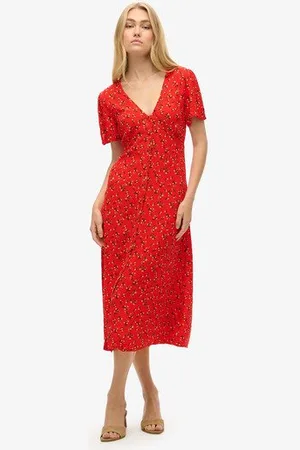 Superdry Vrouwen Bedrukte Midi-teadress met Knopen en Korte Mouwen Grootte: 42