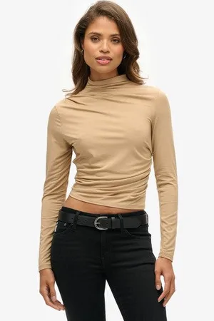 Superdry Vrouwen Top met Lange Mouwen, Ruches en Hoge Hals Grootte: 40