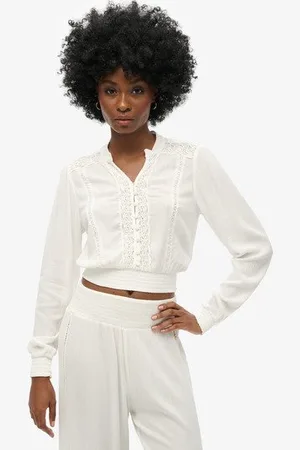 Superdry Vrouwen Blouse met Lange Mouwen, Smokwerk en Kanten Randen Grootte: 38