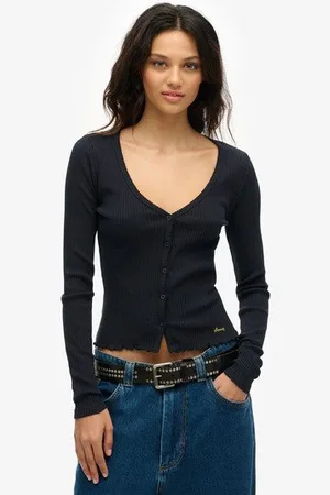 Superdry Vrouwen Essential top met Knopen en Lange Mouwen Grootte: 36