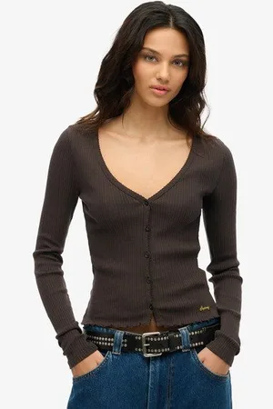 Superdry Vrouwen Essential top met Knopen en Lange Mouwen Grootte: 40