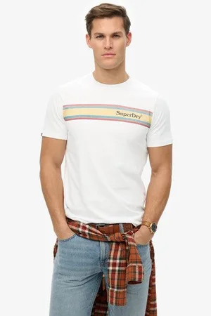 Superdry Mannen Relaxt Gestreept T-shirt met Logo van Evenement Grootte: S