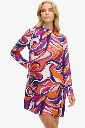 Superdry Vrouwen Mini-jurk met Print en Lange Mouwen Grootte: 38