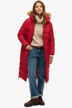 Superdry Vrouwen Lange Pufferjas van Imitatiebont met Capuchon Grootte: 40