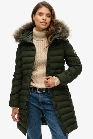 Superdry Vrouwen Halflange Fuji-pufferjas met Capuchon met Imitatiebont Grootte: 42