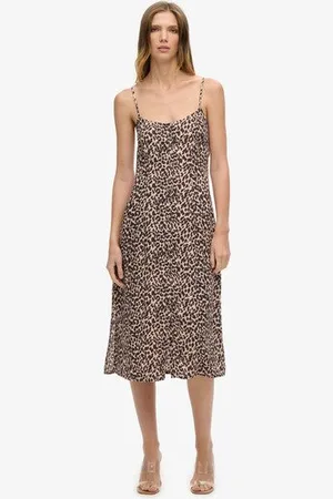 Superdry Vrouwen Cami Midi-jurk met Knoopsluiting en Print Grootte: 44