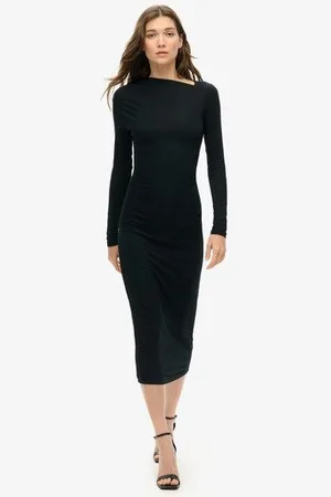 Superdry Vrouwen Midi-jurk met Lange Mouwen en Ruches Grootte: 44
