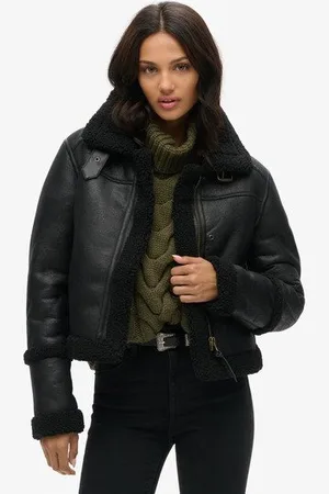 Superdry Vrouwen Kort Aviatorjack van Imitatielamsvacht Grootte: 36
