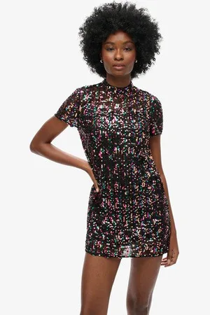 Superdry Vrouwen T-shirtjurk met Lovertjes en Hoge Hals Grootte: 36