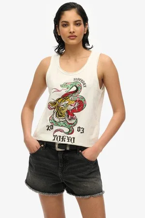 Superdry Vrouwen Neo Trad Tattoo Tanktop met Laag Uitgesneden Ronde Hals Grootte: 40