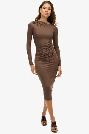 Superdry Vrouwen Midi-jurk met Lange Mouwen en Ruches Grootte: 42
