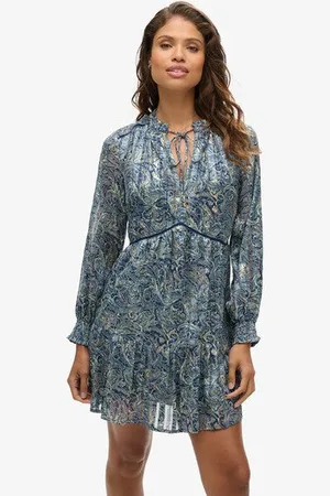 Superdry Vrouwen Metallic Mini-jurk met Print en Lange Mouwen Grootte: 36
