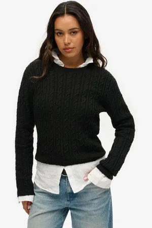 Superdry Vrouwen Getailleerde Kabeltrui met Ronde Hals Grootte: 42