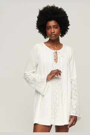 Superdry Vrouwen Mini-jurk met Kant en Wijduitlopende Mouwen Grootte: 36