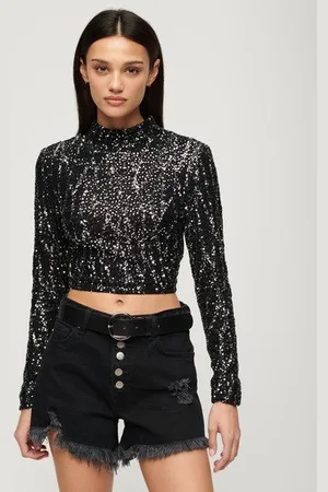 Superdry Vrouwen Korte top met Lovertjes en Lange Mouwen Grootte: 42