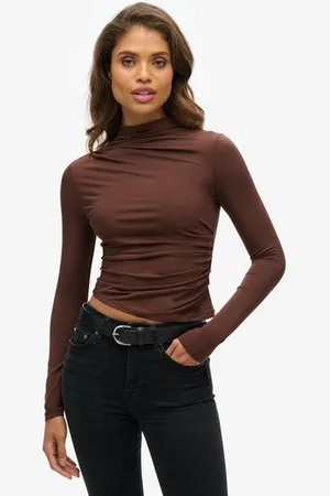 Superdry Vrouwen Top met Lange Mouwen, Ruches en Hoge Hals Grootte: 42