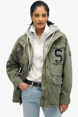 Superdry Vrouwen Military jas van Jersey met Capuchon en Borduursel Grootte: 36