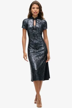 Superdry Vrouwen Midi-jurk met Kraagloze Boord en Pailletten Grootte: 40