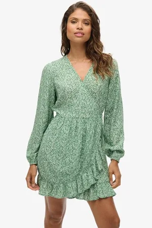 Superdry Vrouwen Bedrukte Wikkelmini-jurk met Lange Mouwen Grootte: 44