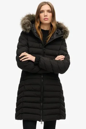 Superdry Vrouwen Halflange Fuji-pufferjas met Capuchon met Imitatiebont Grootte: 40