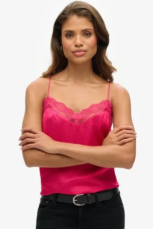 Superdry Vrouwen Satijnen Camitopje met Kanten Boord Grootte: 40