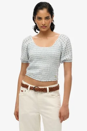 Superdry Vrouwen Geweven top met Smokwerk Grootte: 40