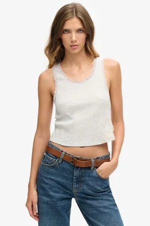 Superdry Vrouwen Vintage Trim Hemdje van Biologisch Katoen met Kant Grootte: M/L